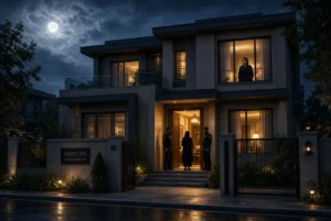 Night view of a modern house with officials at the entrance and a woman watching from the balcony showing the moment Iqrar ul Hassan was allegedly picked up from home