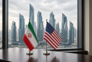 Iranian and American flags placed on a desk with modern city skyline in background related to Iran bank sanctions