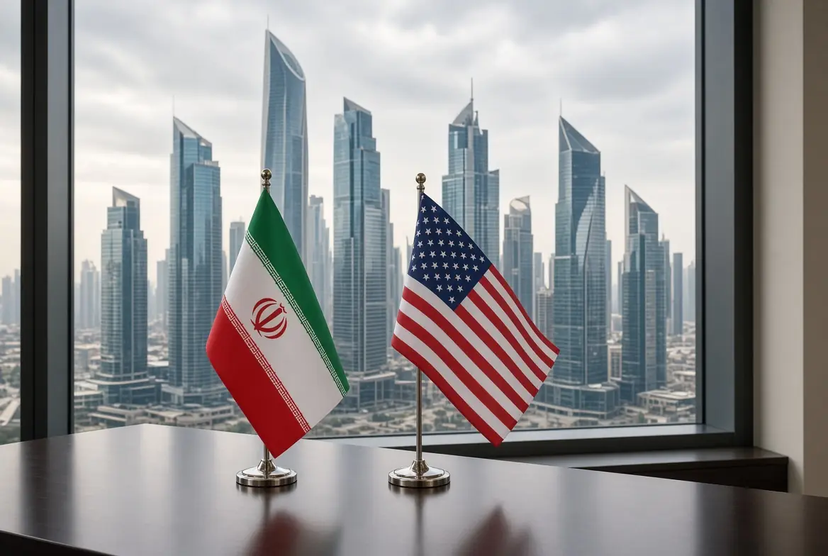 Iranian and American flags placed on a desk with modern city skyline in background related to Iran bank sanctions