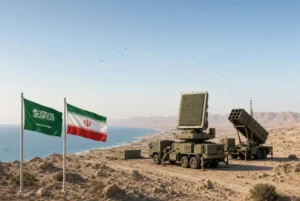 Saudi air defense radar and missile systems on a coastal desert with Iran and Saudi Arabia flags, representing Iran’s denial of involvement in Houthi attacks