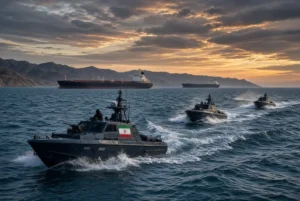 Iranian Revolutionary Guard Corps speedboats near oil tankers during Iran ship attacks in the Strait of Hormuz at sunset