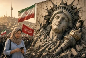 Iranian woman standing before a cracked Statue of Liberty mural with Iranian flags during Iran war response protests