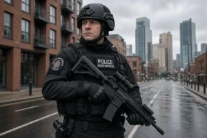 Armed Greater Manchester Police officer in tactical gear standing guard on a wet urban street in Manchester during Iranian Manchester plot investigation