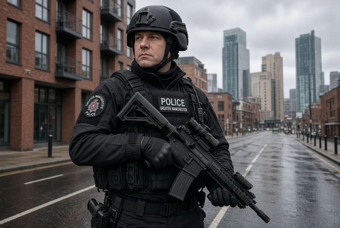 Armed Greater Manchester Police officer in tactical gear standing guard on a wet urban street in Manchester during Iranian Manchester plot investigation