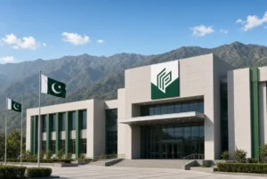 Modern Election Commission of Pakistan building in Islamabad with Pakistani flags and Margalla Hills in the background related to Islamabad local polls