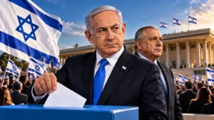 Israeli Prime Minister Benjamin Netanyahu depicted casting a ballot during Israel Election 2026, with Israeli flags, a political rival and the Knesset building in the background.