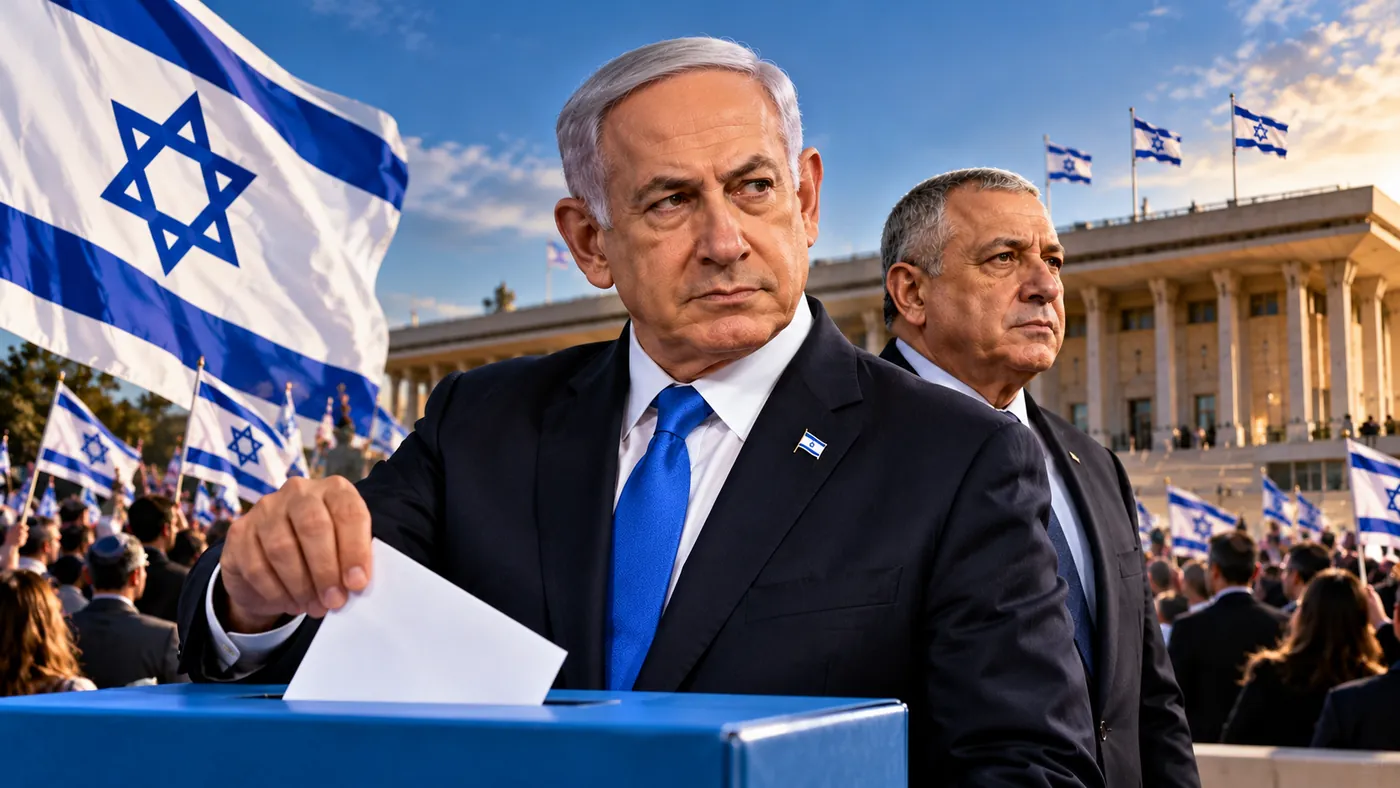 Israeli Prime Minister Benjamin Netanyahu depicted casting a ballot during Israel Election 2026, with Israeli flags, a political rival and the Knesset building in the background.