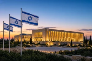Illuminated Israeli Knesset parliament building in Jerusalem at dusk with waving flags during Israel election deadlock