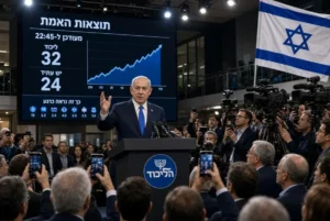 Benjamin Netanyahu addresses supporters during Israel election results announcement at Likud party headquarters