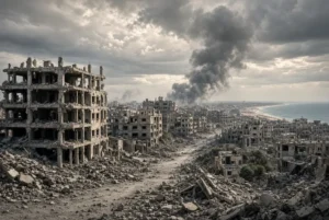 Destroyed buildings and rising smoke across Gaza cityscape linked to Israel Gaza genocide findings in UN report