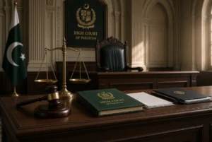 Empty high court bench with gavel, scales of justice and Pakistan flag symbolizing Justice Kayani resigns from LHC