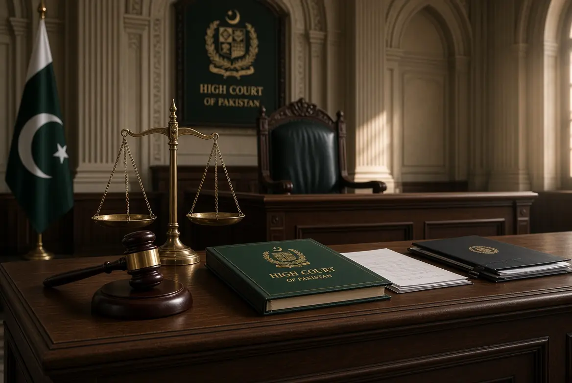 Empty high court bench with gavel, scales of justice and Pakistan flag symbolizing Justice Kayani resigns from LHC