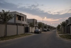 Quiet residential street in Gulshan-e-Hadeed housing society related to Karachi family suicide case