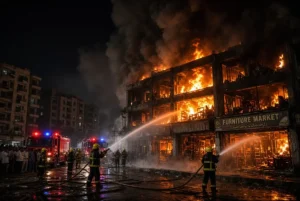 Firefighters spraying water on intense flames at furniture market during Karachi furniture fire near Kamran Chowrangi