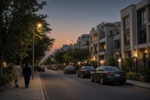 Quiet residential street in Karachi Defence Housing Authority DHA at dusk with cars and pedestrians linked to Karachi gunpoint harassment incident