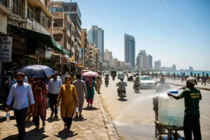 People walking under scorching sun on Karachi streets with water relief spray during Karachi hot weather