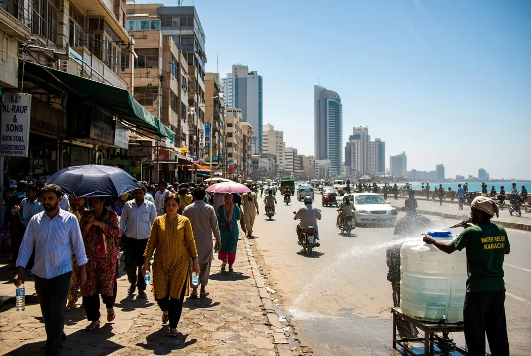 People walking under scorching sun on Karachi streets with water relief spray during Karachi hot weather