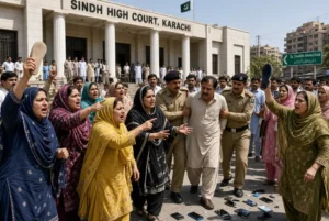 Angry Pakistani women raise slippers and confront a suspect held by police outside Sindh High Court in Karachi phone scam case with mobile phones scattered on the ground
