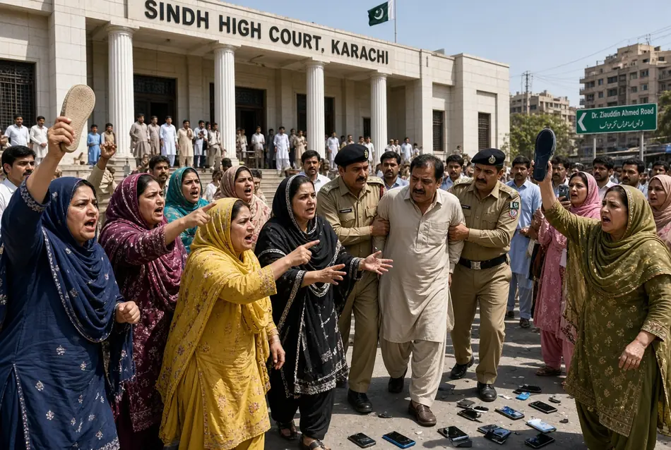 Angry Pakistani women raise slippers and confront a suspect held by police outside Sindh High Court in Karachi phone scam case with mobile phones scattered on the ground