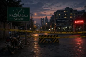 Karachi police firing scene in Nazimabad with motorcycle, police line tape and hospital emergency sign at dusk