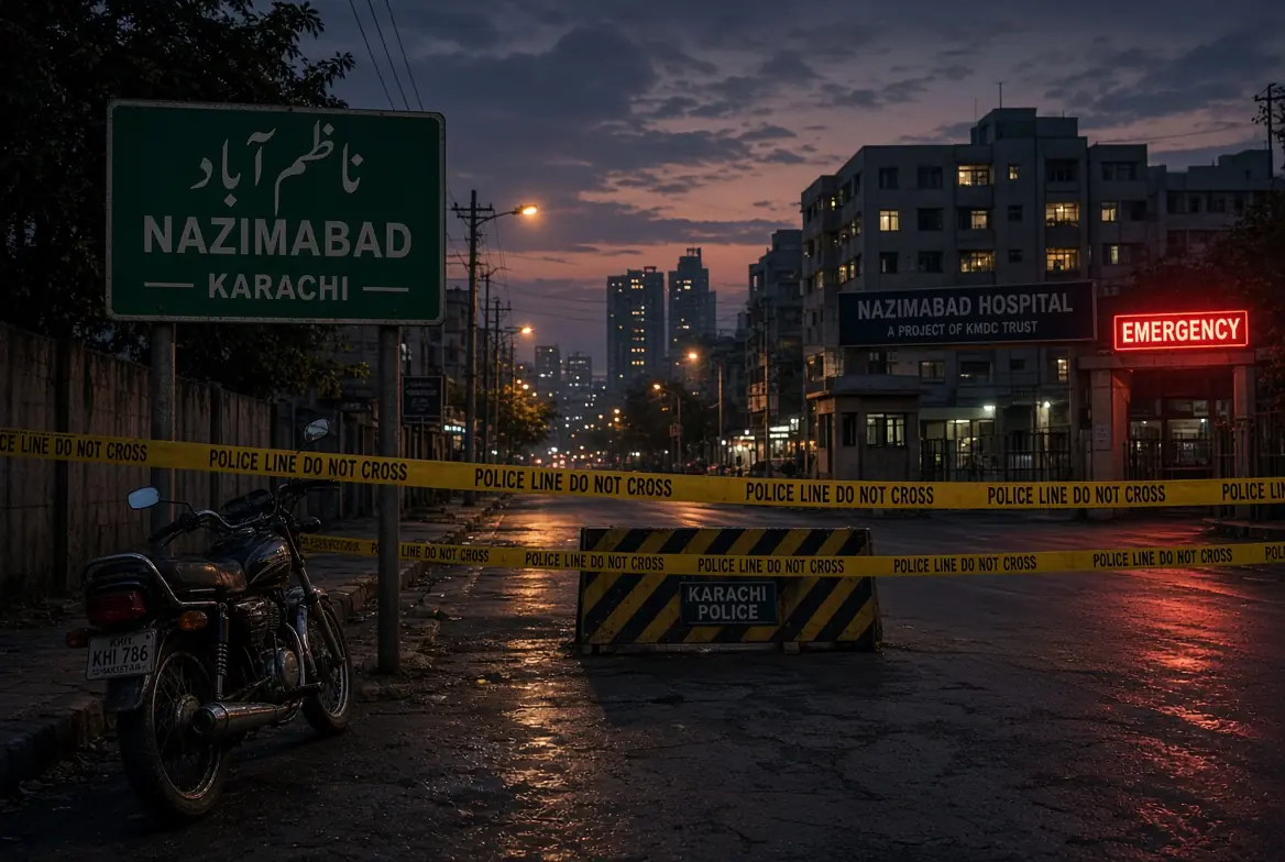 Karachi police firing scene in Nazimabad with motorcycle, police line tape and hospital emergency sign at dusk
