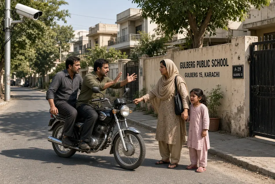 CCTV-style scene of Karachi robbery in Gulberg 15 where two men on a motorcycle stop a mother and her crying child near a school and demand valuables
