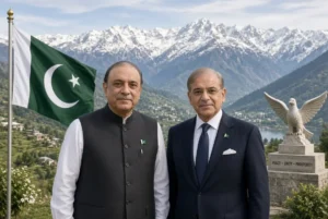 President Asif Ali Zardari and Prime Minister Shehbaz Sharif standing together on Kashmir Black Day with Pakistani flag and Kashmir mountains in background