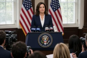 Katie Zacharia credentials under scrutiny as new White House press secretary holds first briefing at the podium
