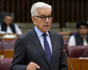 Khawaja Asif speaking during a parliamentary session in Pakistan’s National Assembly, addressing lawmakers on national and political matters.
