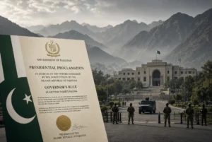Presidential proclamation document announcing KP Governor Rule in Khyber Pakhtunkhwa with Pakistan flag, government building, mountains and security forces in the background