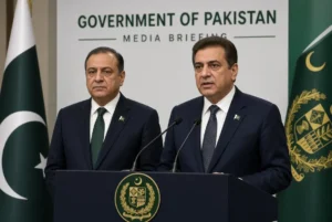 Law Minister Azam Nazeer Tarar and Information Minister Attaullah Tarar at media briefing on KP governor rule in Islamabad