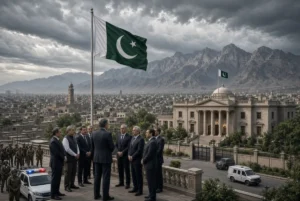 Officials and Pakistani flag during KP Governor Rule imposition with government building and mountains in background