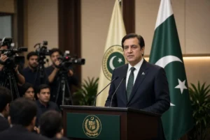 Senator Faisal Vawda speaking at a formal press conference on KP governor rule and emergency in Khyber Pakhtunkhwa Pakistan