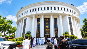 KP Political Situation showing a government building and people gathered outside