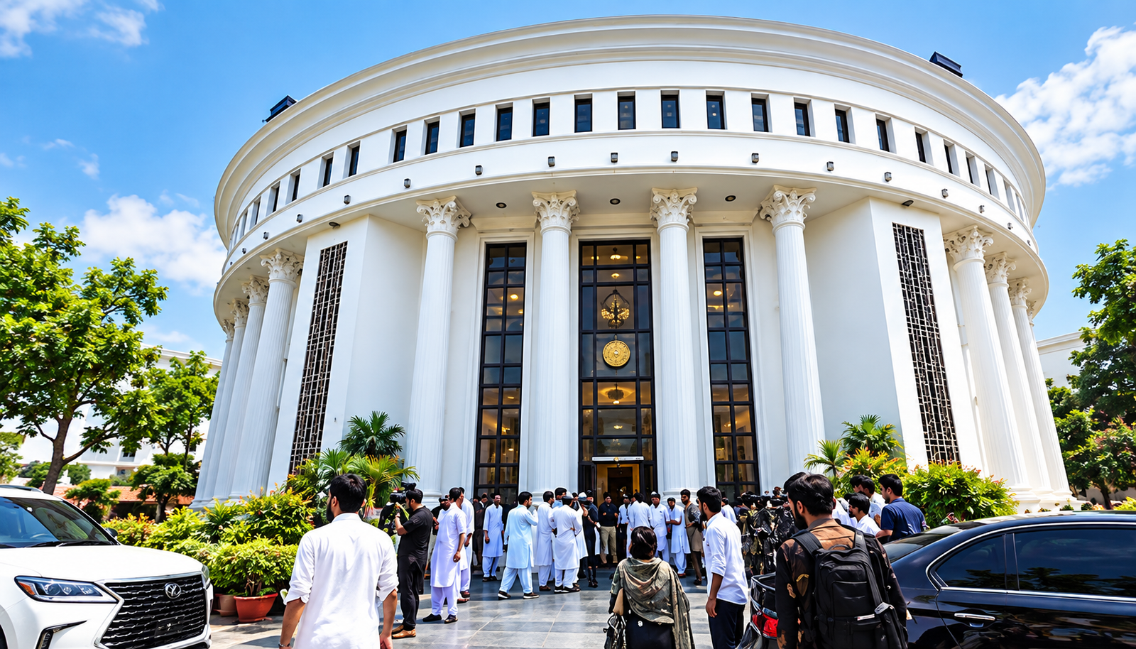 KP Political Situation showing a government building and people gathered outside