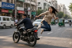 Woman jumping from a fast-moving motorcycle in Lahore to escape alleged bike harassment by the rider in Johar Town