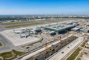 High quality aerial view of Lahore Karachi airports expansion showing modern terminal buildings, extended runways under construction with cranes, and commercial airplanes on the tarmac