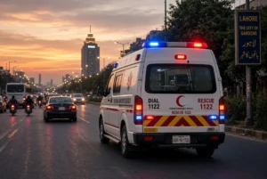 Rescue 1122 ambulance on Lahore road responding to Lahore trailer crash incident