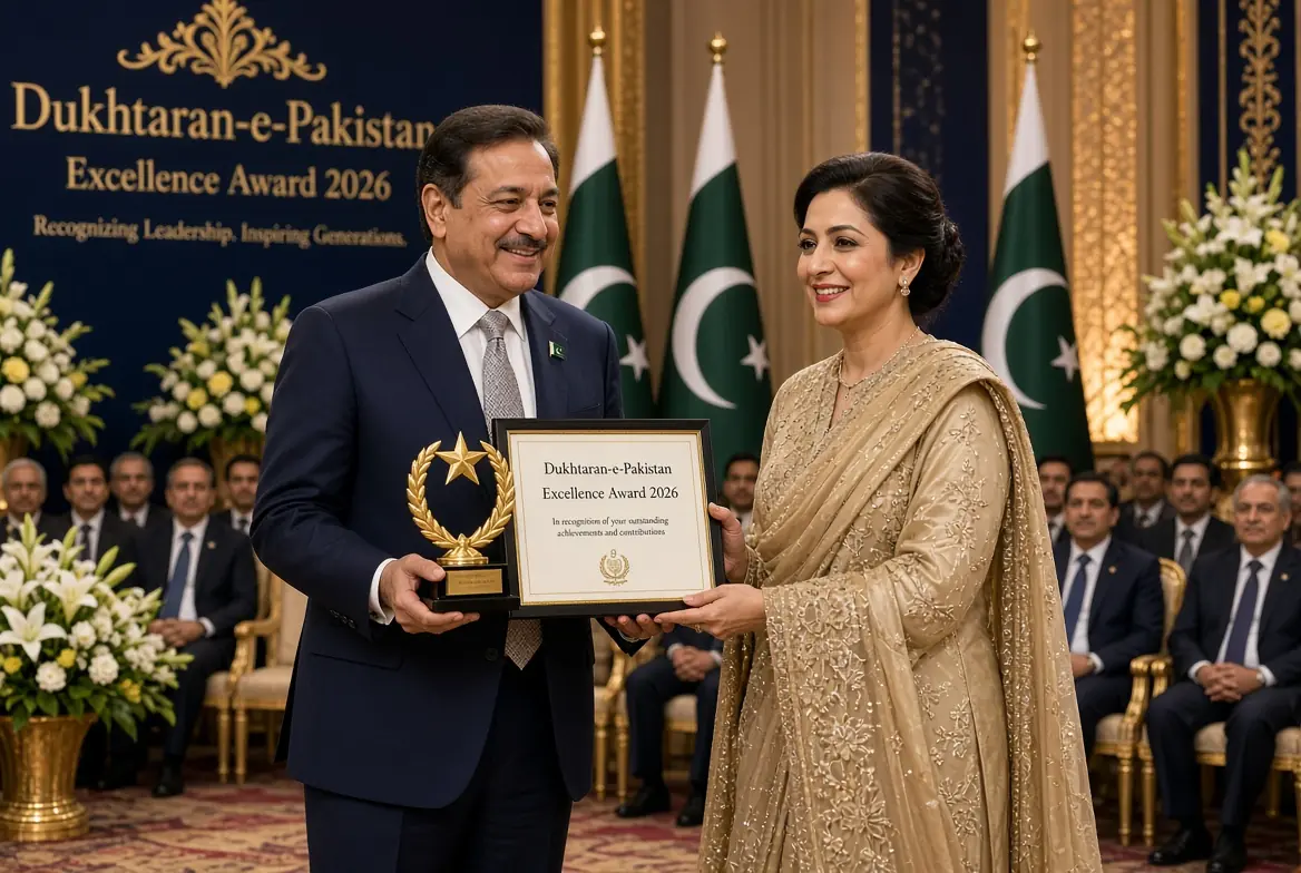 Laila Naz Taj receiving the Dukhtaran-e-Pakistan Excellence Award 2026 at a formal ceremony with Pakistani flags and officials