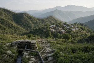 Scenic landscape of rural village and water pipeline path near Line of Control in Poonch hills related to LoC Landmine Blast incident