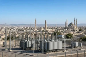 Electrical power distribution station with city minarets in the background related to the Madina attack reported by Saudi coalition