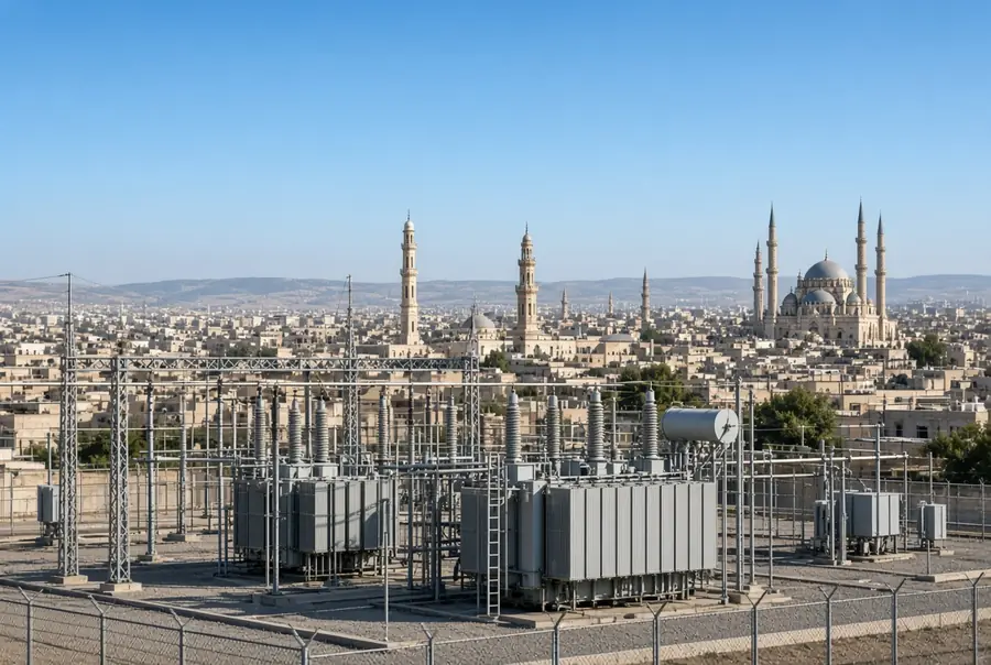 Electrical power distribution station with city minarets in the background related to the Madina attack reported by Saudi coalition