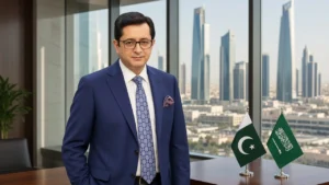 Professional corporate executive in a blue suit standing in a modern high-rise office with Pakistan and Saudi Arabia desk flags and cityscape background.