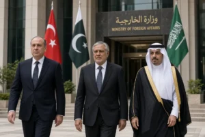Turkish Pakistani and Saudi foreign ministers walking together after Makkah Defence Pact committee meeting in Riyadh