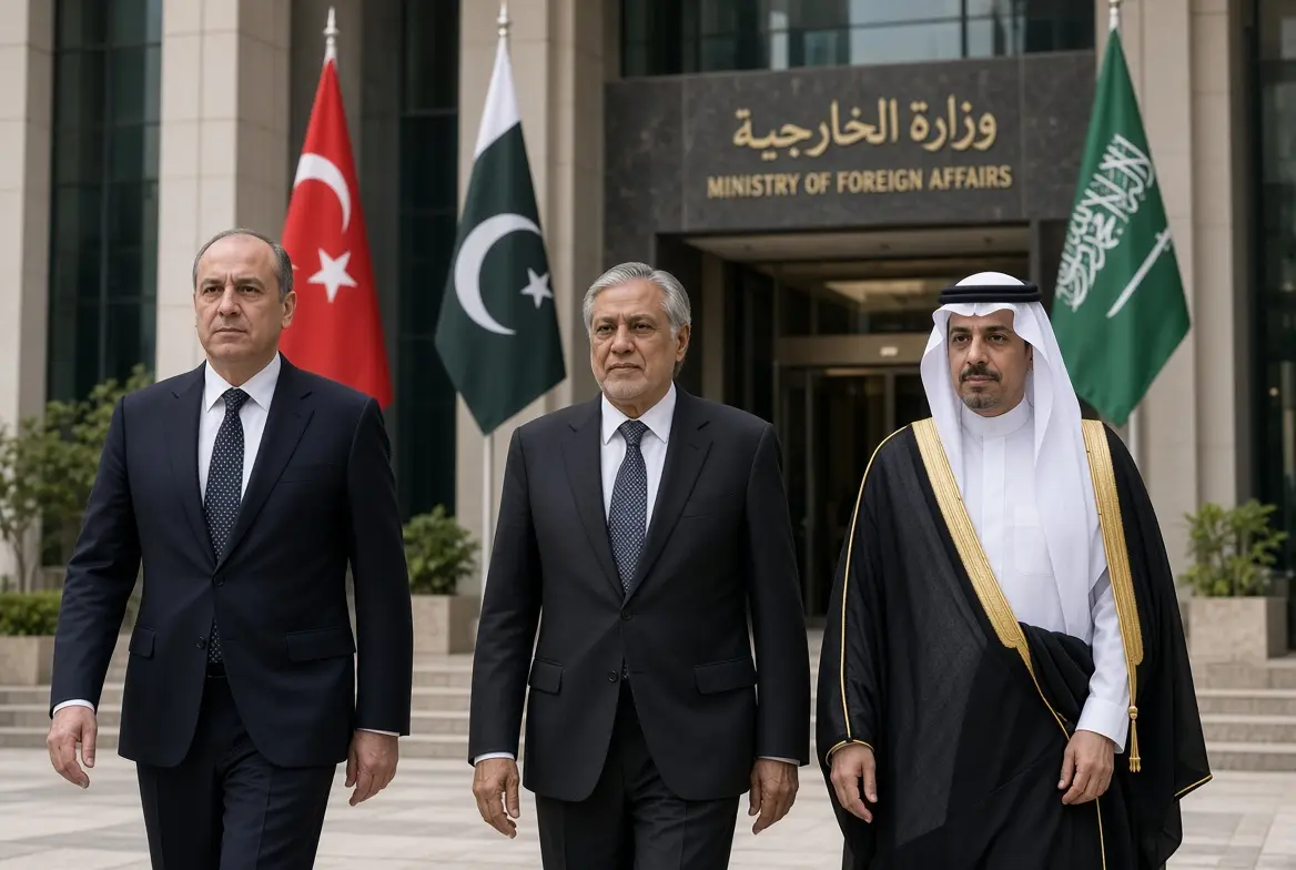 Turkish Pakistani and Saudi foreign ministers walking together after Makkah Defence Pact committee meeting in Riyadh