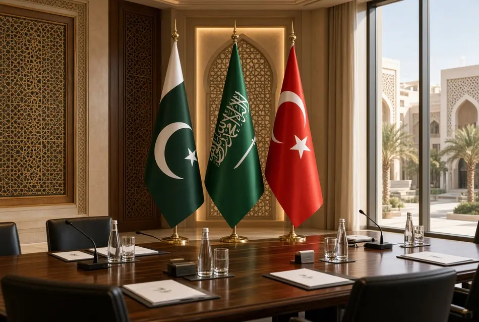 Flags of Pakistan, Saudi Arabia and Turkiye displayed at Makkah pact talks meeting room in Riyadh