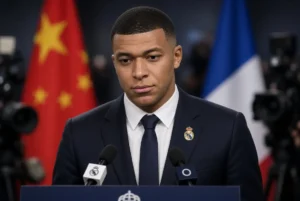 Kylian Mbappe looks sincere and apologetic at a press conference podium during Mbappe China apology over Mao meme comments with Chinese and French flags in the background