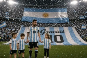 Lionel Messi holds hands with his three children on the pitch during his emotional Argentina retirement match with Gracias banner and confetti falling in packed stadium