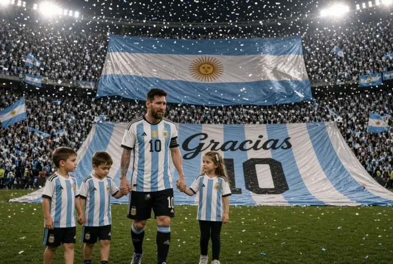 Lionel Messi holds hands with his three children on the pitch during his emotional Argentina retirement match with Gracias banner and confetti falling in packed stadium