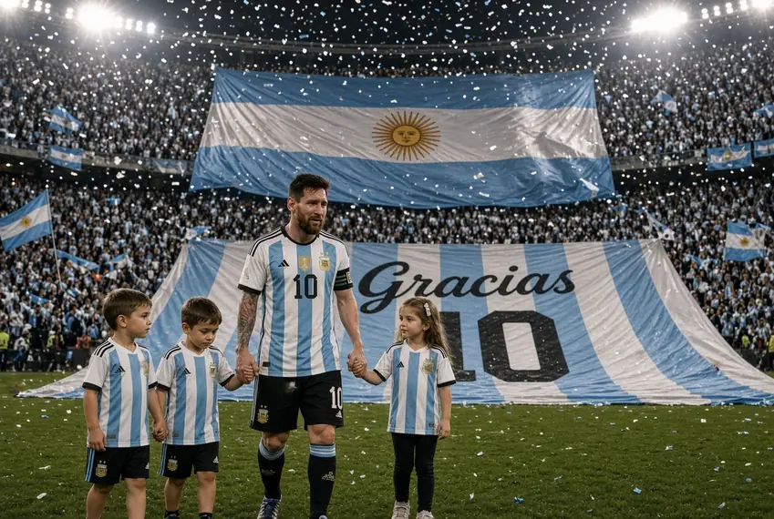 Lionel Messi holds hands with his three children on the pitch during his emotional Argentina retirement match with Gracias banner and confetti falling in packed stadium